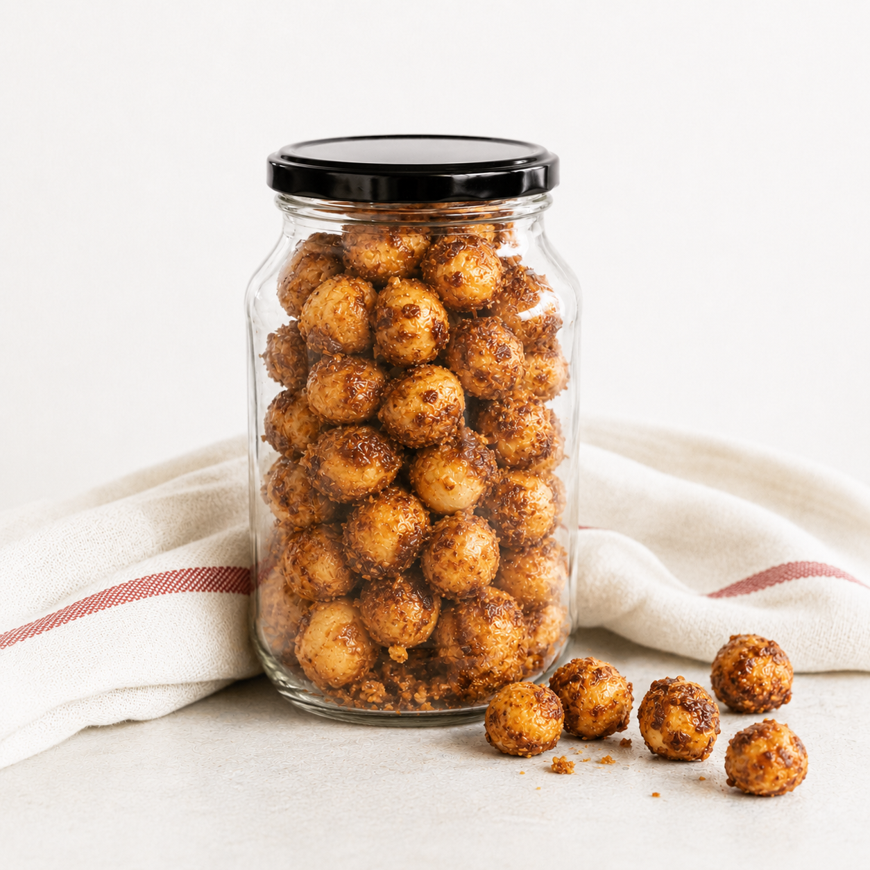 Honey-glazed macadamias in a glass jar