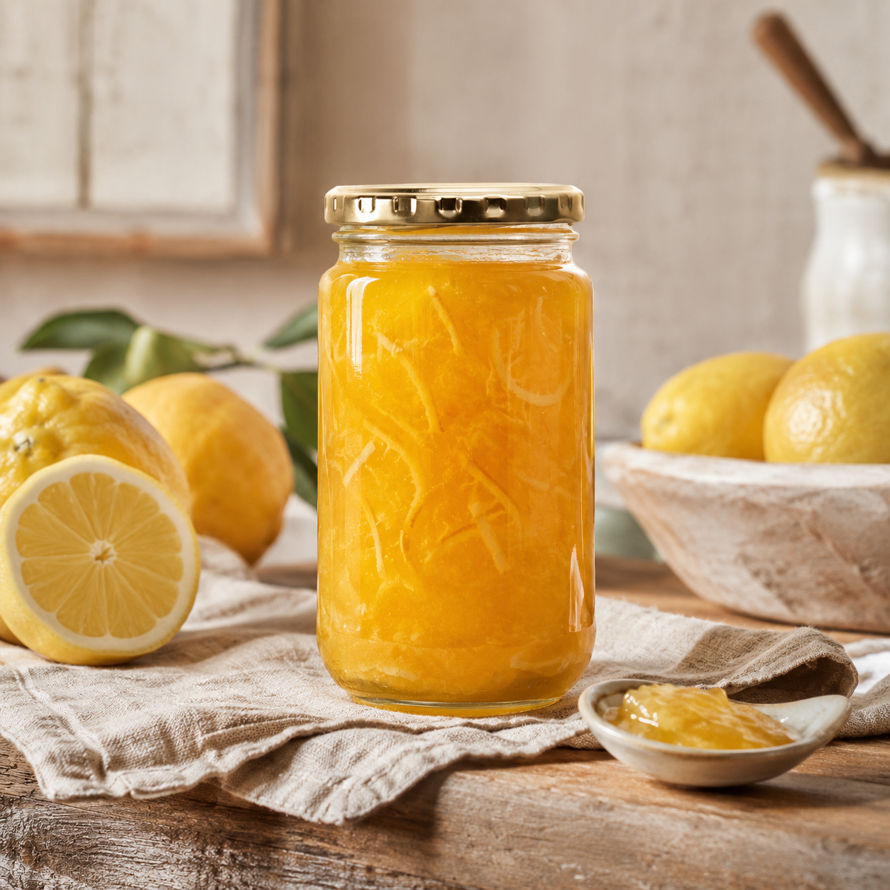 Lemon marmalade jar styled on white background