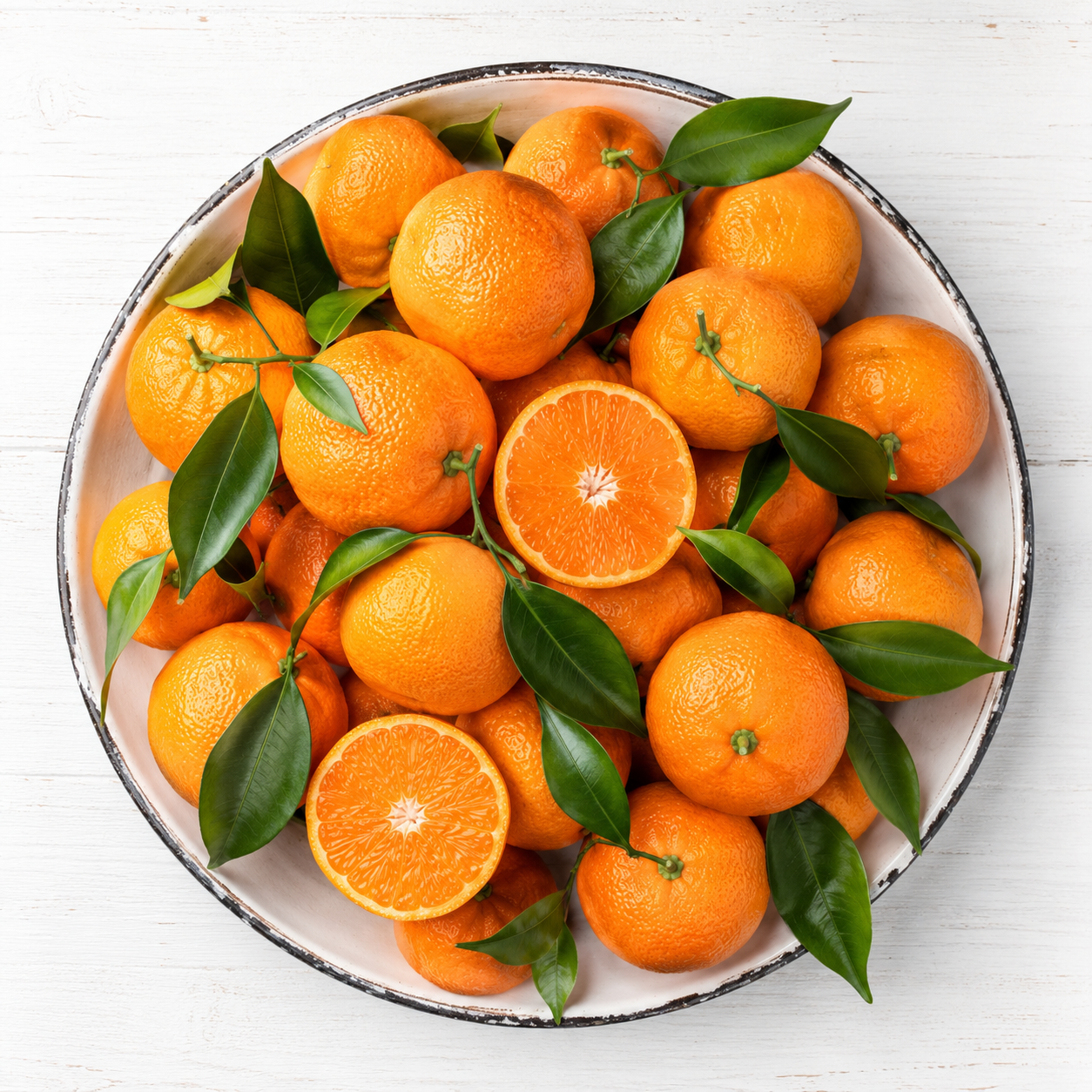 Aerial view of fresh naartjies in enamel bowl